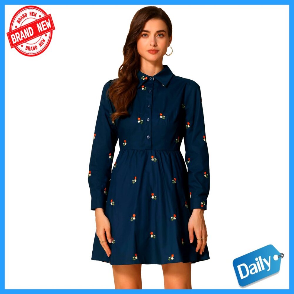 Floral Embroidered Shirt Dress Long Sleeve Collared Casual Mini Elegant Chic